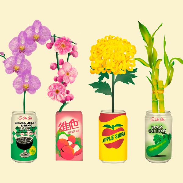 Impresión artística de un arreglo floral de Mahjong / Bebidas asiáticas infantiles