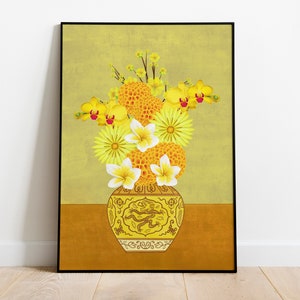 May include: A yellow vase with a dragon design holds a bouquet of yellow and white flowers. The flowers include orchids, plumeria, and chrysanthemums.