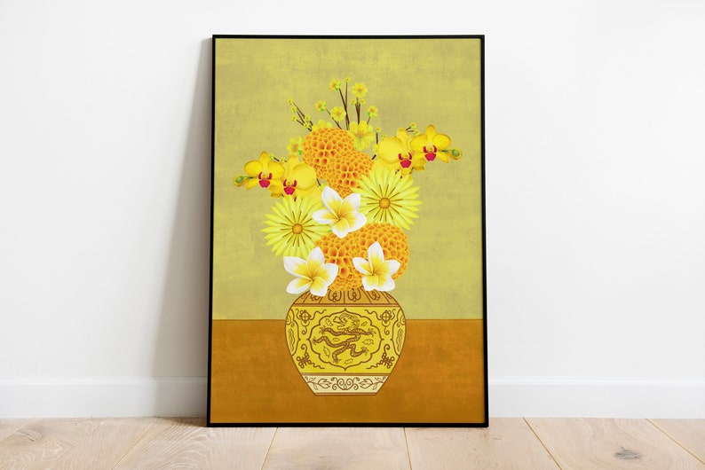 May include: A yellow vase with a dragon design holds a bouquet of yellow and white flowers. The flowers include orchids, plumeria, and chrysanthemums.