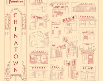 Risographie SF Chinatown | Nourriture de la région de la baie | Illustration de restaurant | Impression d'art numérique