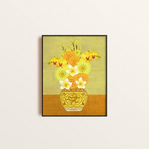 May include: A yellow vase with a floral pattern and a bouquet of yellow and white flowers. The flowers include orchids, chrysanthemums, and frangipani.