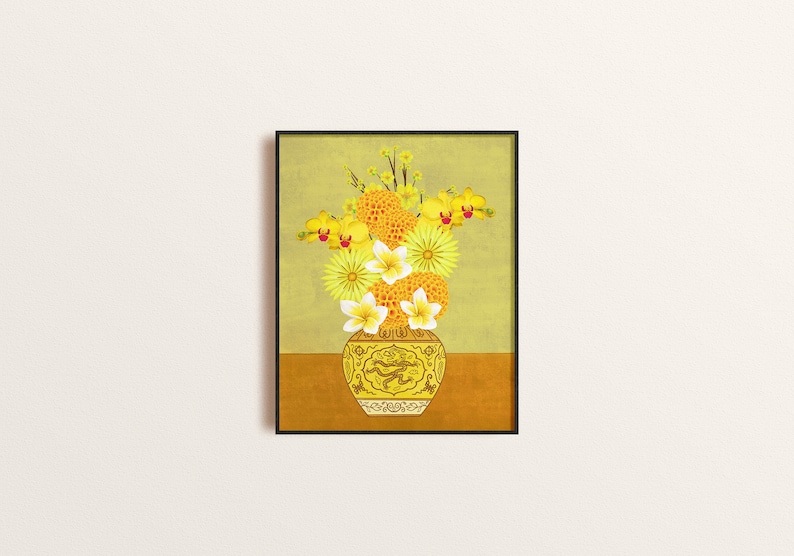May include: A yellow vase with a floral pattern and a bouquet of yellow and white flowers. The flowers include orchids, chrysanthemums, and frangipani.