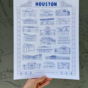 May include: A blue and white print featuring illustrations of various buildings, with the word "HOUSTON" at the top. The print includes the text "Awesome and Beyond | Felicia Ling & Agnes and Sherman | 2020".