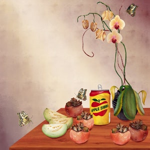 Puede incluir: Un bodegón con una mesa de madera con una lata amarilla de sidra de manzana, un jarrón con una orquídea verde y varios caquis y guayabas. También hay cuatro mariposas en la imagen.