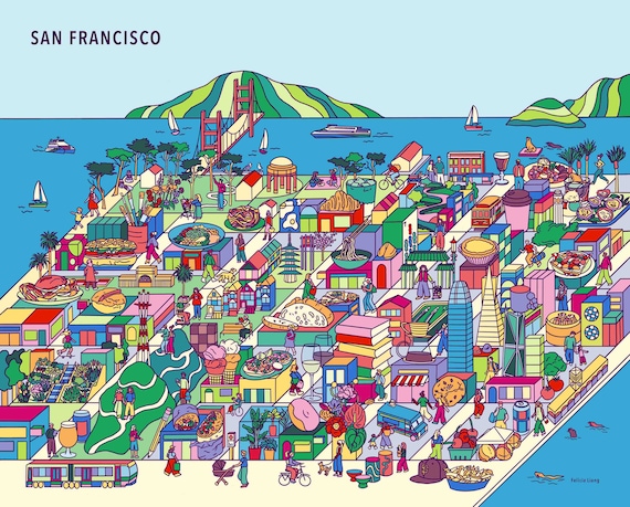 アート902　「浜辺(サンフランシスコ)」　チェコのリトグラフ サンフランシスコの街並み | ベイエリアのグルメイラスト | イラスト