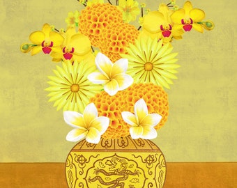 Gele bloemen kunstafdruk | Bloemillustratie