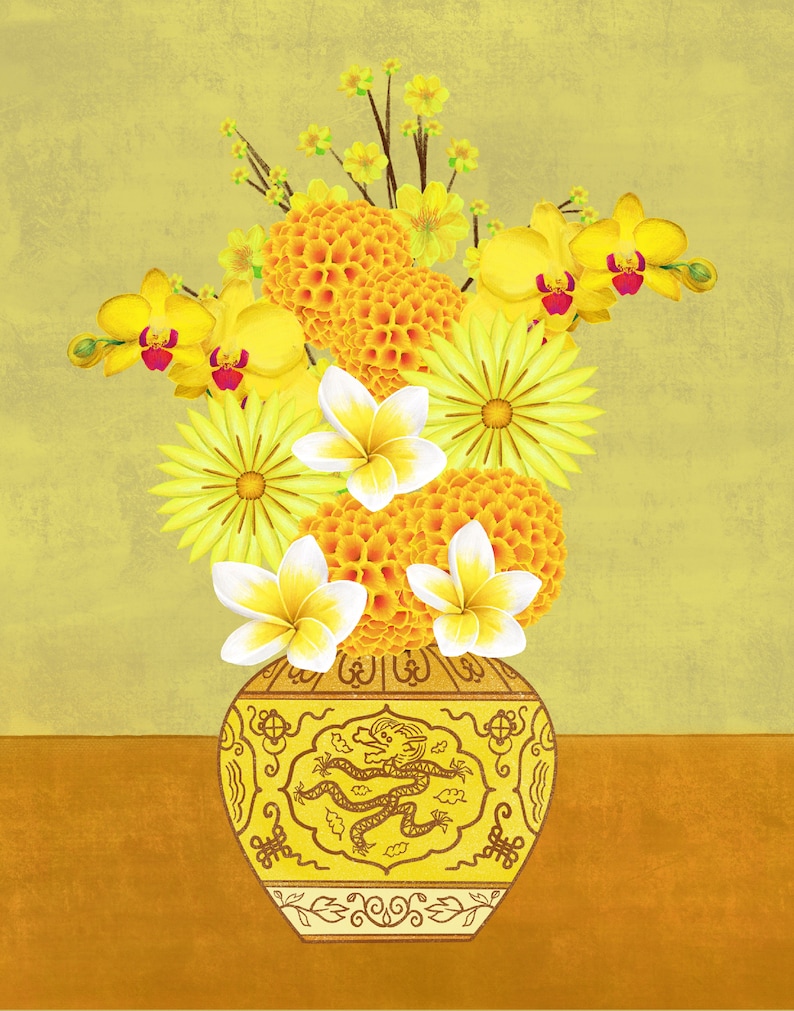May include: A yellow ceramic vase with a dragon design and intricate details, filled with a bouquet of yellow flowers, including orchids, chrysanthemums, and plumeria.