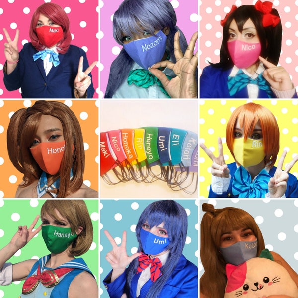 Love Live Cosplay Facemask, Muse school Idol anime, school idol project cosplay, embroidered character face mask for conventions.