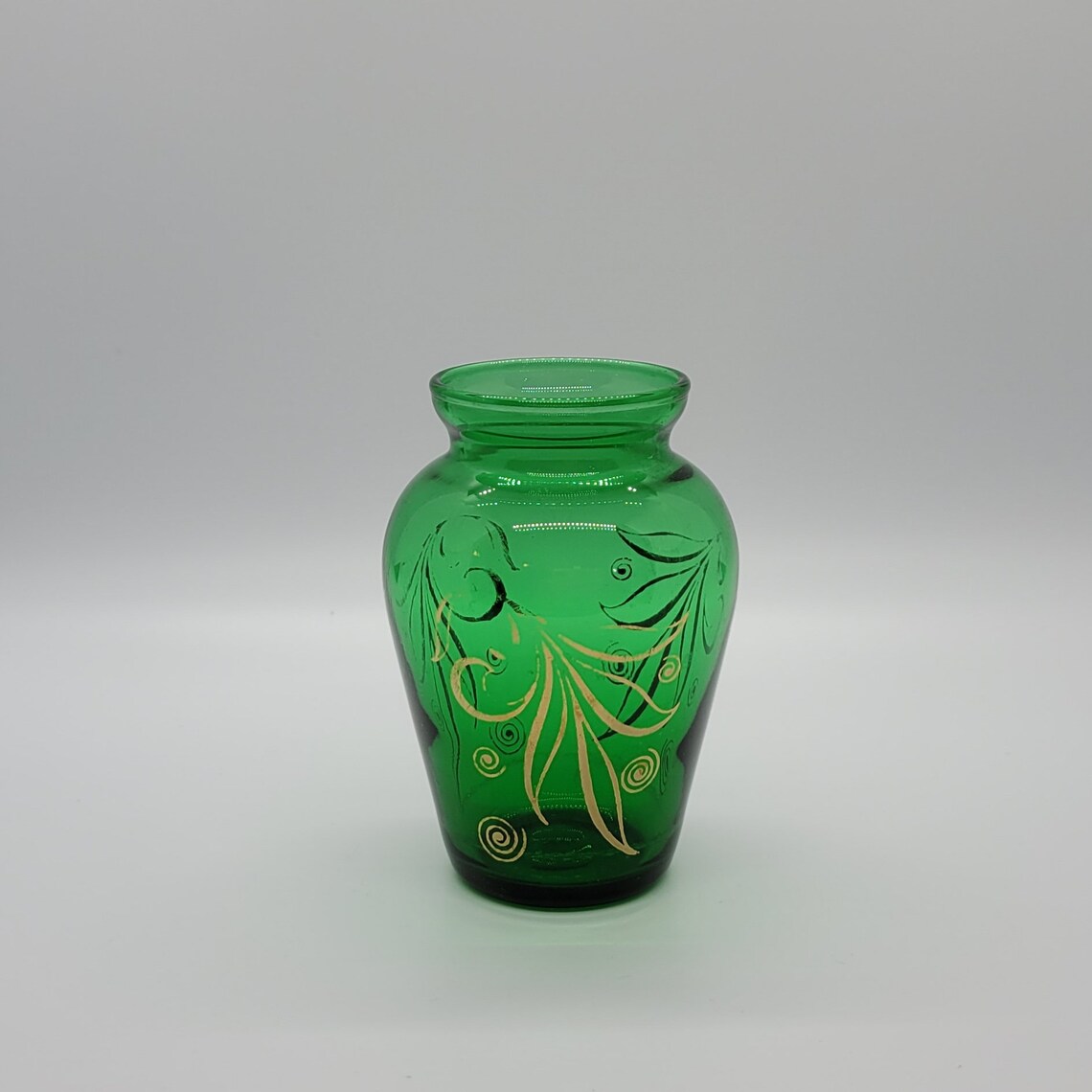Vintage Green Glass Vase Gold Overlay Small Etsy
