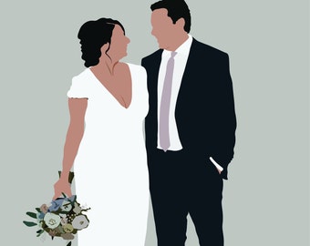 May include: A couple in wedding attire, the woman in a white dress holding a bouquet of flowers, the man in a black suit with a light purple tie. They are looking at each other.