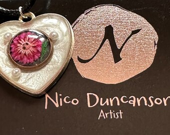 Heart Shaped Pendants with UV Reactive Alcohol Ink Pressed Flowers & Epoxy Resin Leather Chokers and Necklaces
