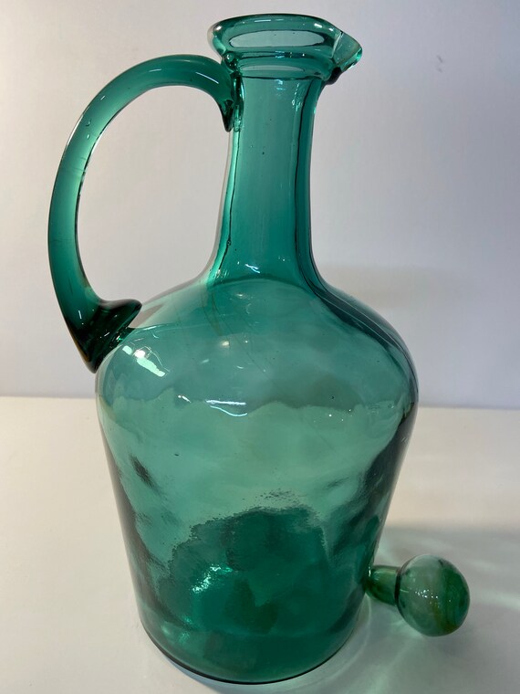 Vintage Green Handblown Glass Jug With Handle and Glass Etsy