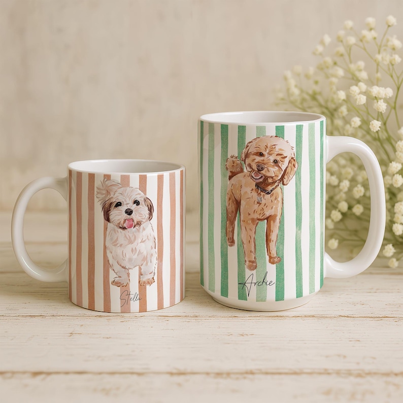Taza personalizada con retrato de mascota en acuarela, regalo para el Día de la Madre, taza personalizada con foto de perro o gato, regalo único para amantes de las mascotas y mamás de perros y gatos. imagen 1