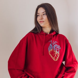 Deep red embroidered ukrainian hoodie. Warm hoodie stand with Ukraine image 2