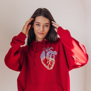 Deep red embroidered ukrainian hoodie. Warm hoodie stand with Ukraine image 1