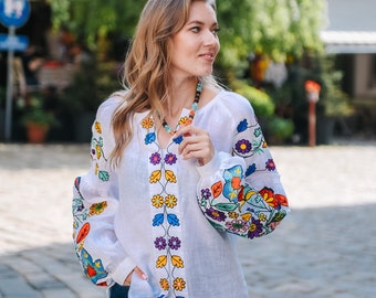 White Linen Embroidered Blouse With Bright And Colorful Embroidery Mexican Style