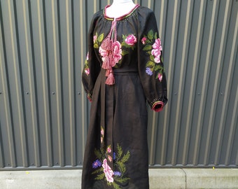 Linen Oversize Black Dress Festive Dress Ukrainian Vyshyvanka. Cross Stitch Embroidered Roses
