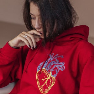 Deep red embroidered ukrainian hoodie. Warm hoodie stand with Ukraine image 7