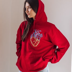 Deep red embroidered ukrainian hoodie. Warm hoodie stand with Ukraine image 5