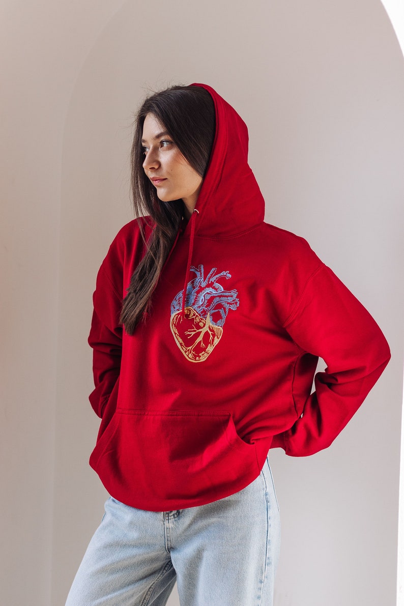 Deep red embroidered ukrainian hoodie. Warm hoodie stand with Ukraine image 5