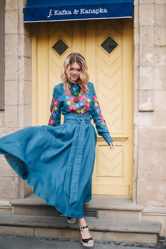 boho folk dress Boho Maxi Dress Flowy Beach Caftan with Intricate Folk Embroidery