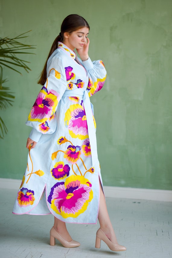 Sky Blue Embroidered Women Kaftan Dress With Bright Pansies