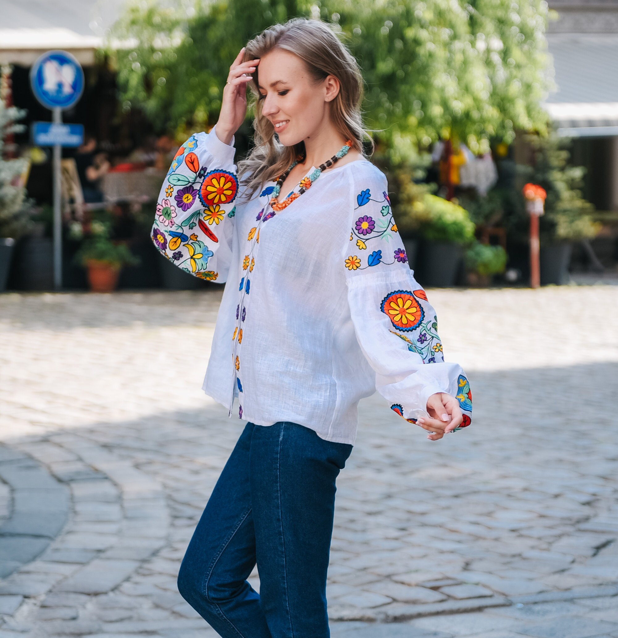 White Linen Embroidered Blouse With Bright and Colorful - Etsy