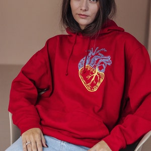 Deep red embroidered ukrainian hoodie. Warm hoodie stand with Ukraine image 6
