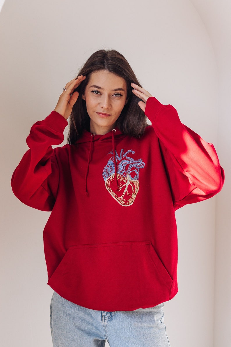 Deep red embroidered ukrainian hoodie. Warm hoodie stand with Ukraine image 1