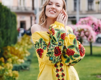 Yellow Embroidered Blouse With Bright Ukrainian Design. Soft Cotton Blouse With Flower Ornaments