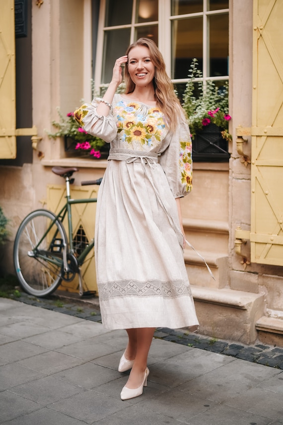 linen sunflower dress Embroidered Women Linen Dress Sunflower Pattern Provence Midi Ukraine Ethno  Dress Vyshyvanka