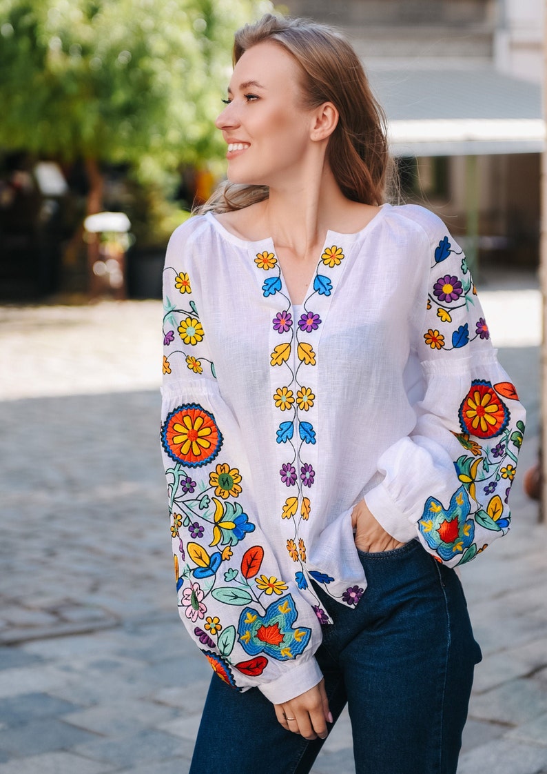 Wavlynn Handmade White Linen Embroidered Blouse With V Neck For Women Autumn Fall Collection main image 0