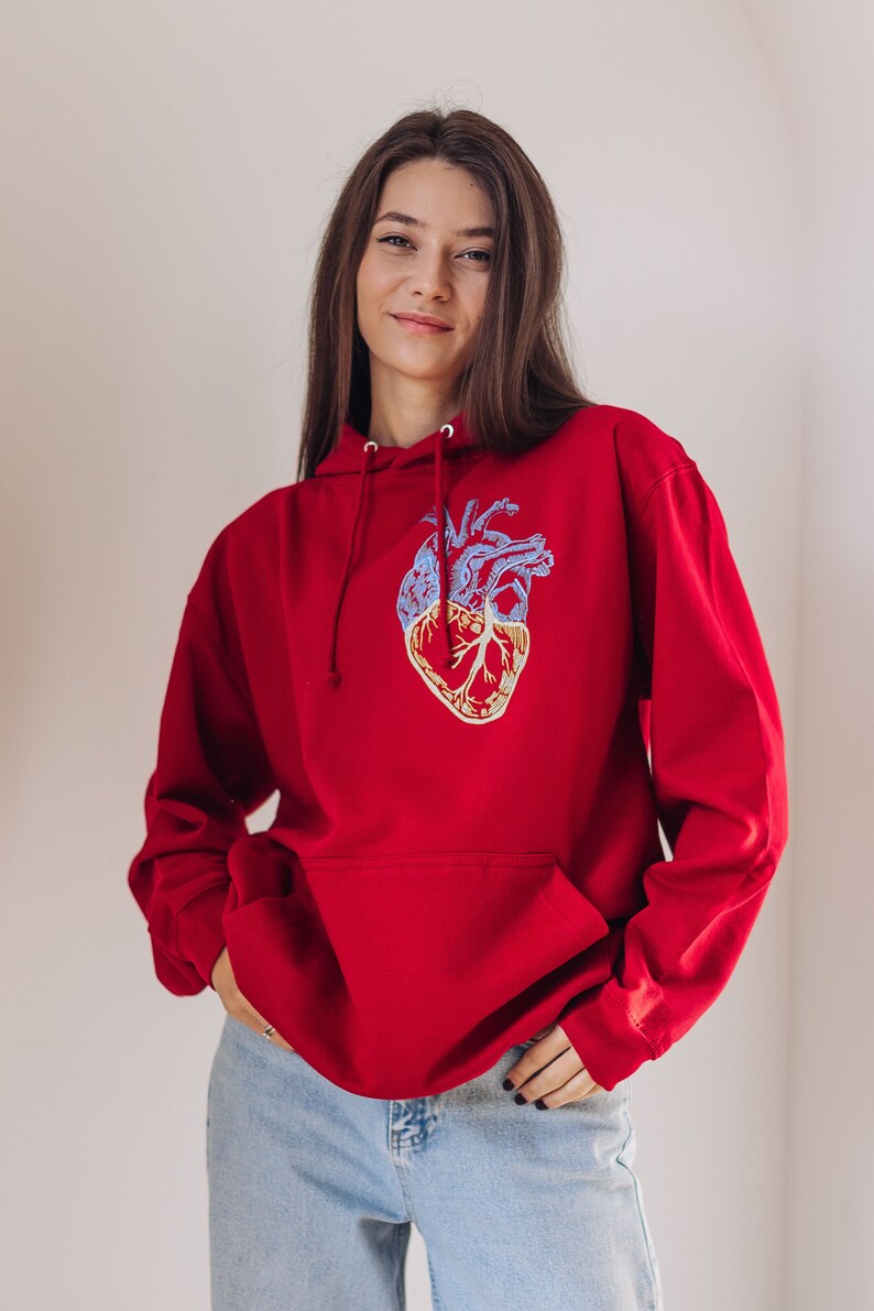 Deep red embroidered ukrainian hoodie. Warm hoodie stand with Ukraine image 4