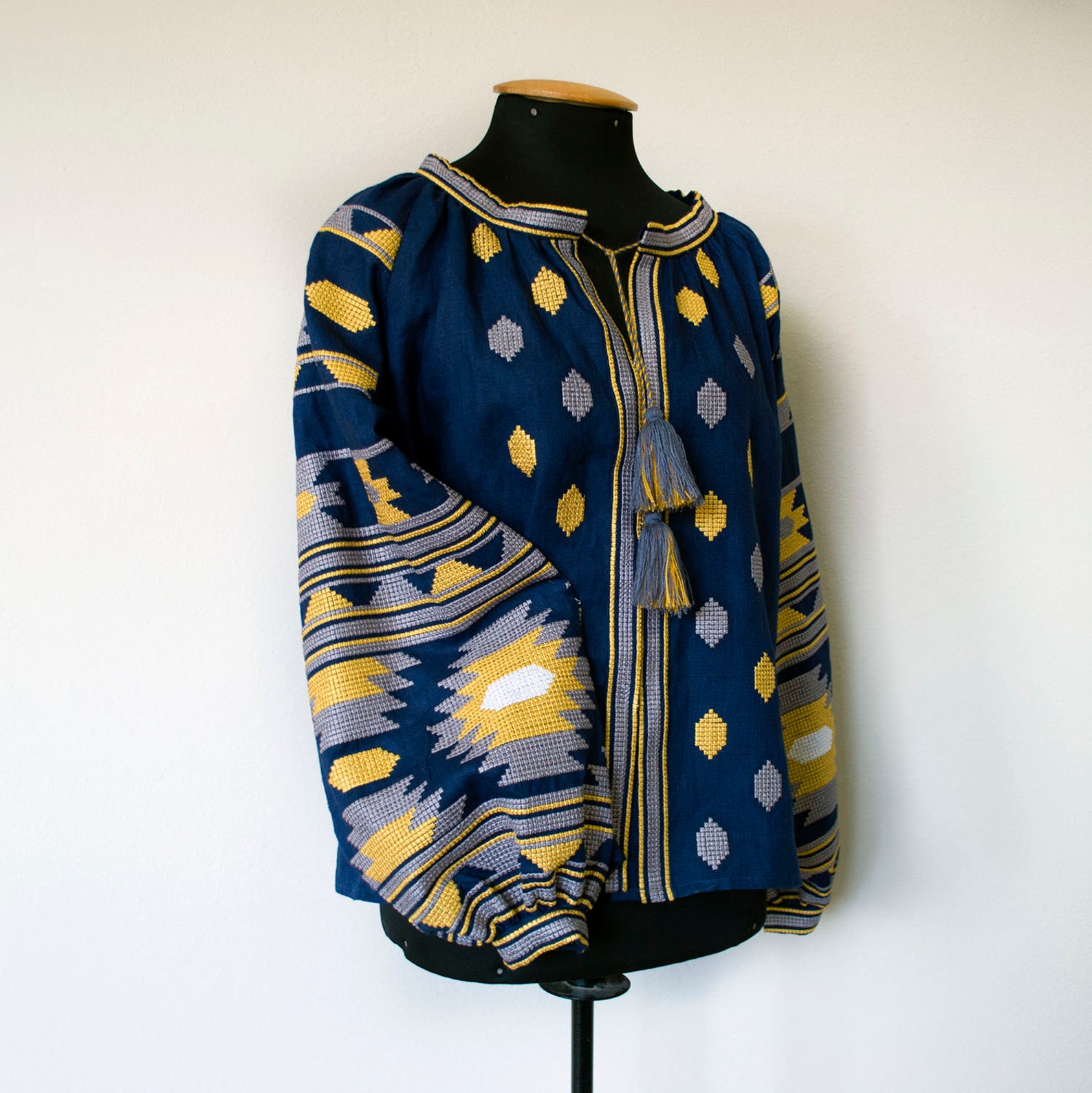 Women'S Navy Blue Embroidered A-Line Top