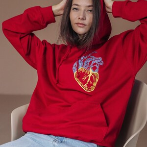 Deep red embroidered ukrainian hoodie. Warm hoodie stand with Ukraine image 8