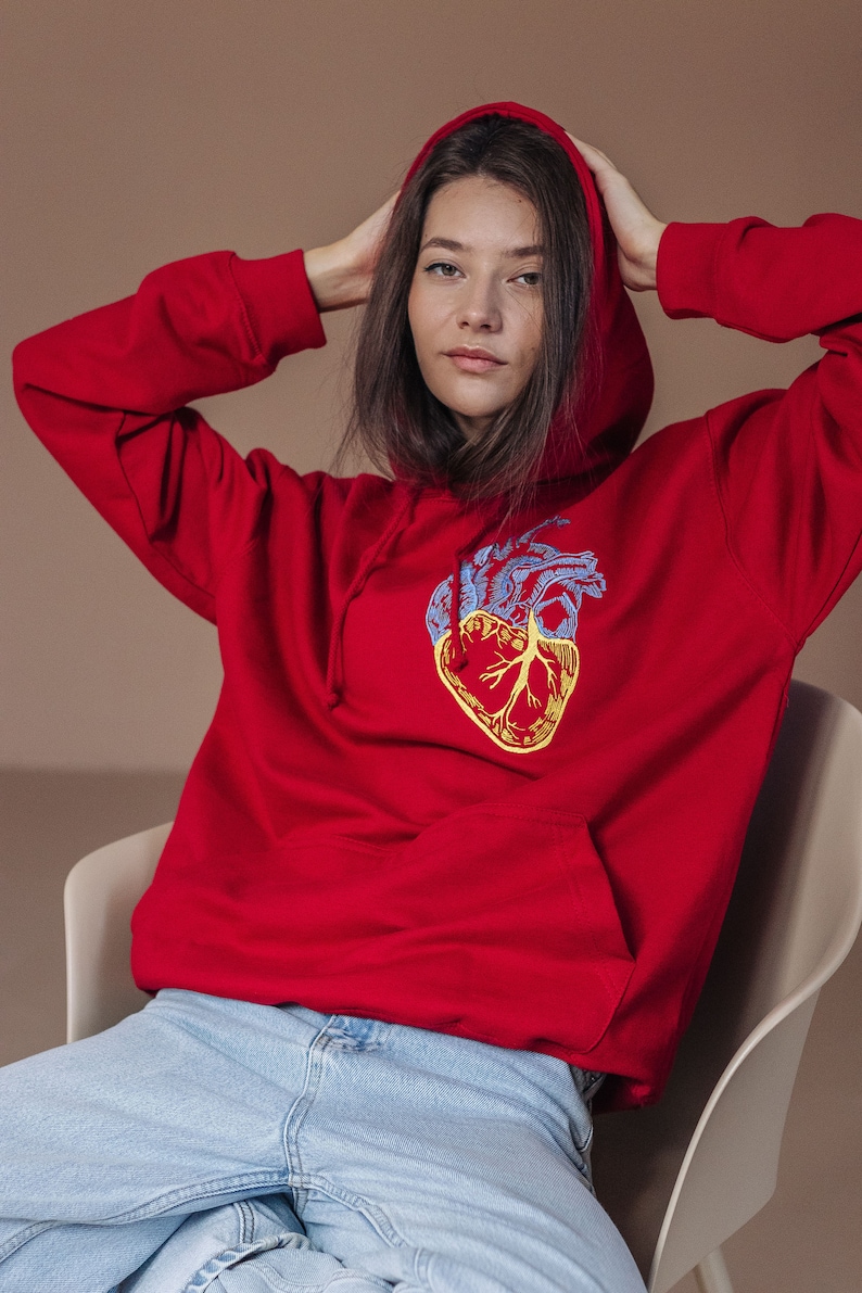 Deep red embroidered ukrainian hoodie. Warm hoodie stand with Ukraine image 8