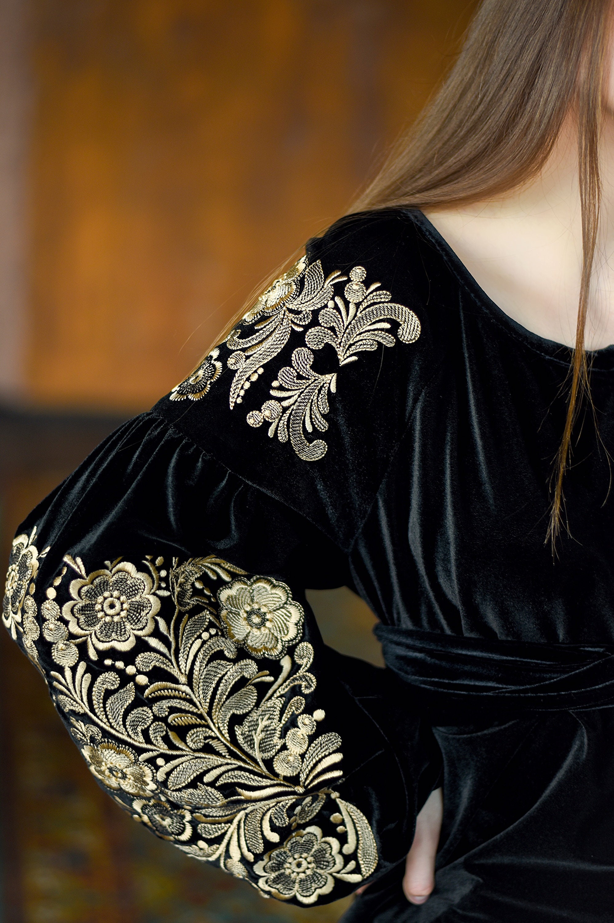 Women's Black Velvet Oversized Shirt with Gold Brooch Button Detailing