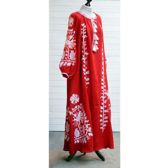 Bright Embroidered Maxi Red Dress With Satin Stitch Flowers Summer Boho  Beach Dress - Etsy