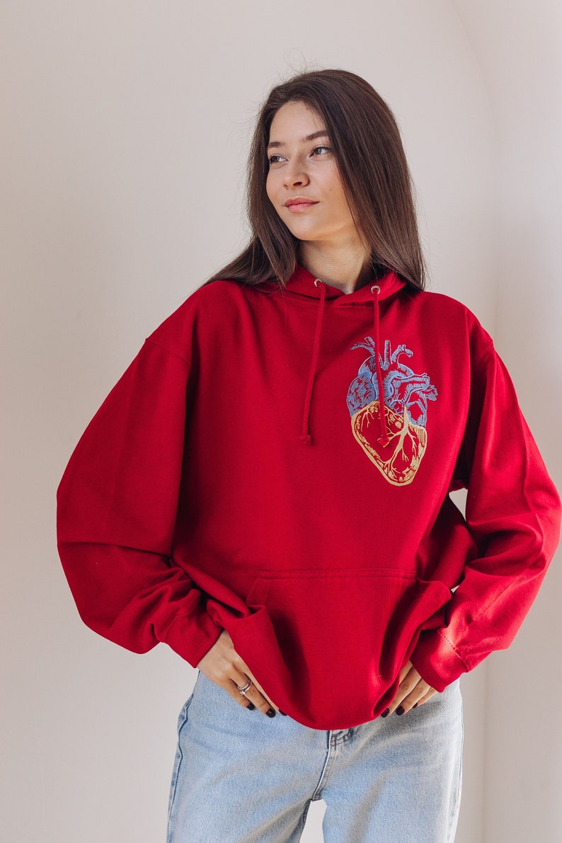 Deep red embroidered ukrainian hoodie. Warm hoodie stand with Ukraine image 2