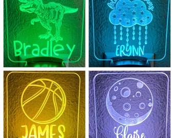 LED Night Light - 52 Design Options - Acrylic Display - Personalized -  7 light colors - Wall Plug In - Light Sensor or On Button