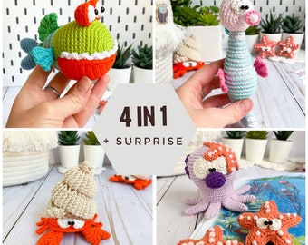 Crochet amigurumi patterns 4 in 1, Under the sea animals, pdf digital download tutorial