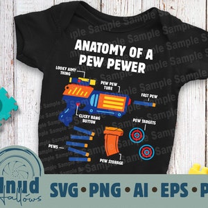 May include: A black t-shirt with a white graphic of a toy gun labeled "Anatomy of a Pew Pewer". The graphic includes labels for the different parts of the toy gun, such as "Looky Aimy Thing", "Pew Pew Tube", "Clicky Bang Button", "Fast Pew", "Pew Targets", "PEWS", and "Pew Storage".