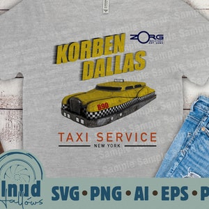 May include: A gray t-shirt with a yellow taxi cab graphic and the text "Korben Dallas Taxi Service New York" and a logo that says "Zorg Industries Est. 2023".