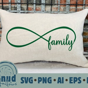 May include: An off-white rectangular cushion featuring a green infinity symbol and the word "family" in a script font. The cushion is made of a textured fabric. The image includes the text "Palnud Hallows" and file type abbreviations at the bottom.