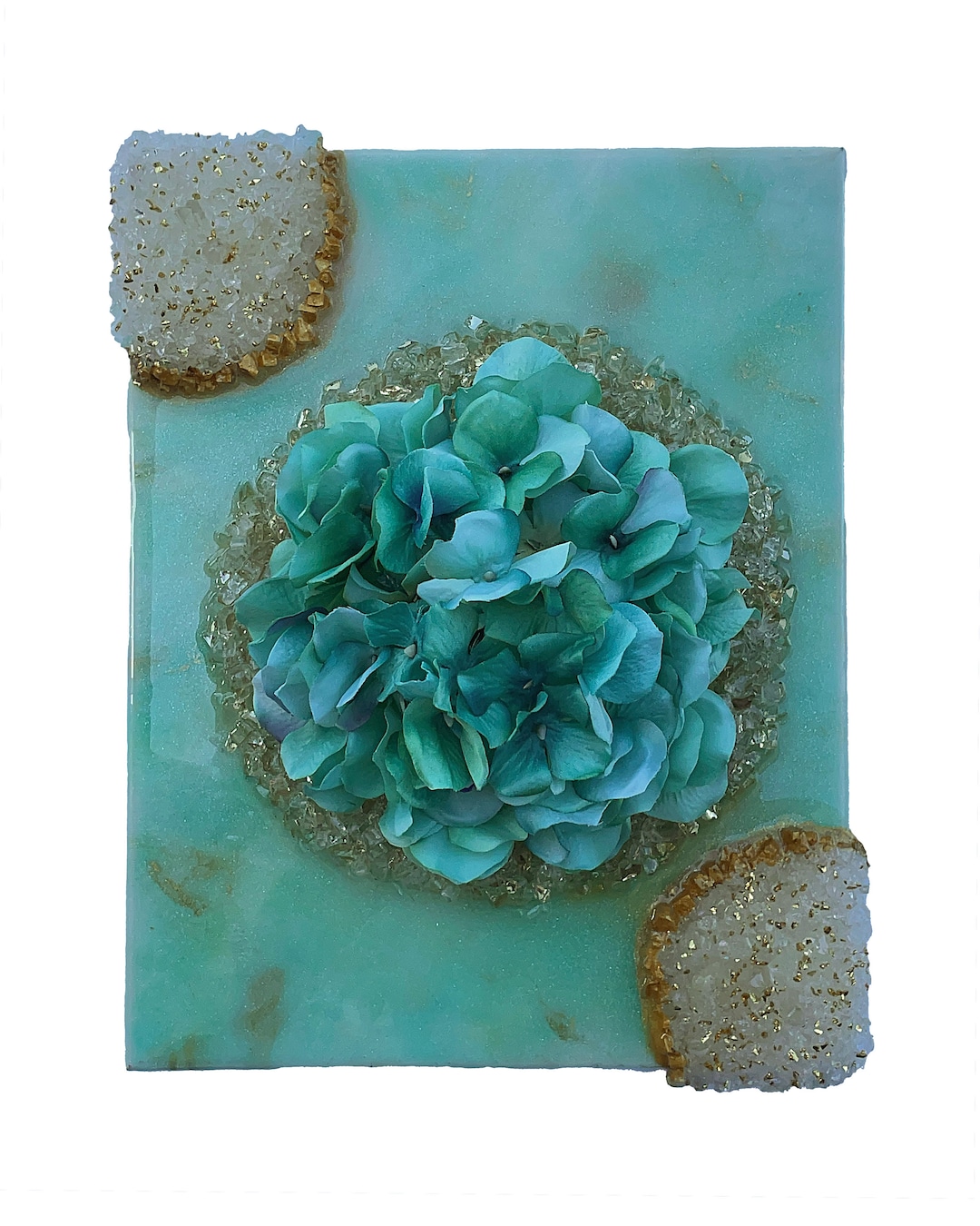 Flower Resin Wall Art, Green Blue Hydrangea, Home Decor, Elegant Gift