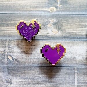 Pixel Storm Heart with Lightning Bolt Enamel Pins | Glitter or Hard finishes | Retro Pixel Heart