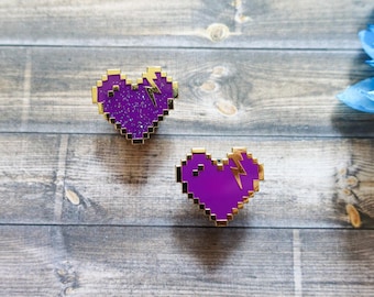Pixel Storm Heart with Lightning Bolt Enamel Pins | Glitter or Hard finishes | Retro Pixel Heart