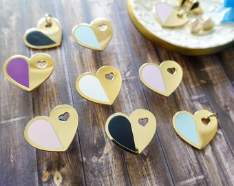 Cute Unique Enamel Heart Pins, Necklaces, Planner Clip Charms, and Mini Stud Earrings | 18K plated gold