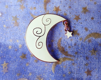 Crescent Moon with Dangle Star charm, Glow in the Dark Pin, Celestial Moon, Interactive Pin, retiring design