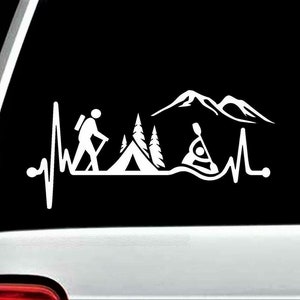 Hiker guy camping tent kayak heartbeat decal sticker for car window